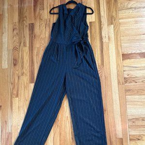 Black and Silver Pinstripe Faux-Wrap Jumpsuit